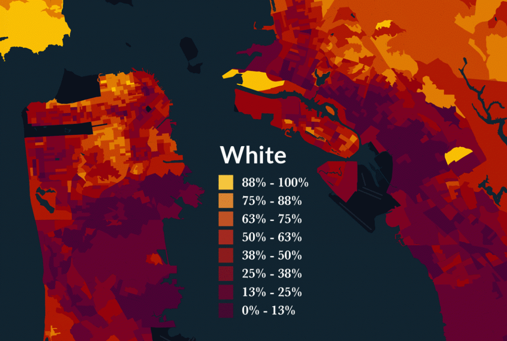 Bay Area concentration of different ethnicities per census block.
