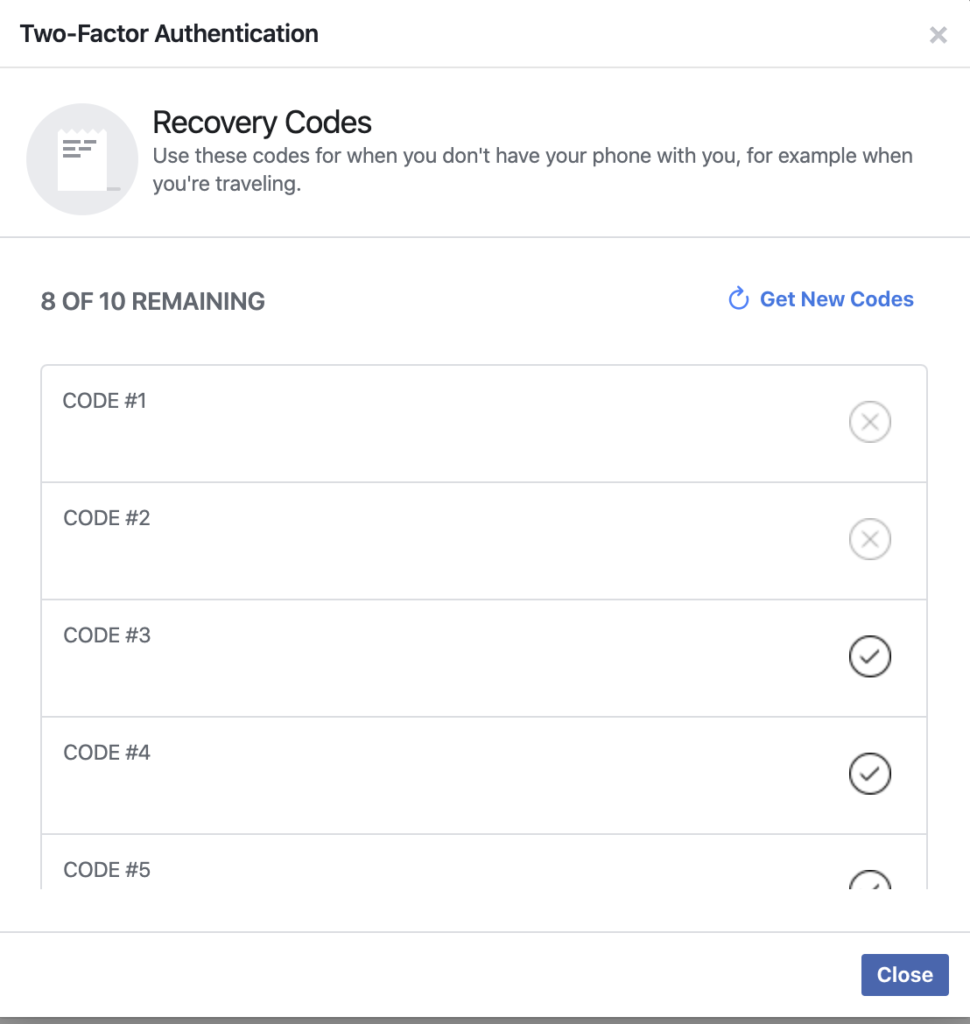 Facebook's Back Up codes