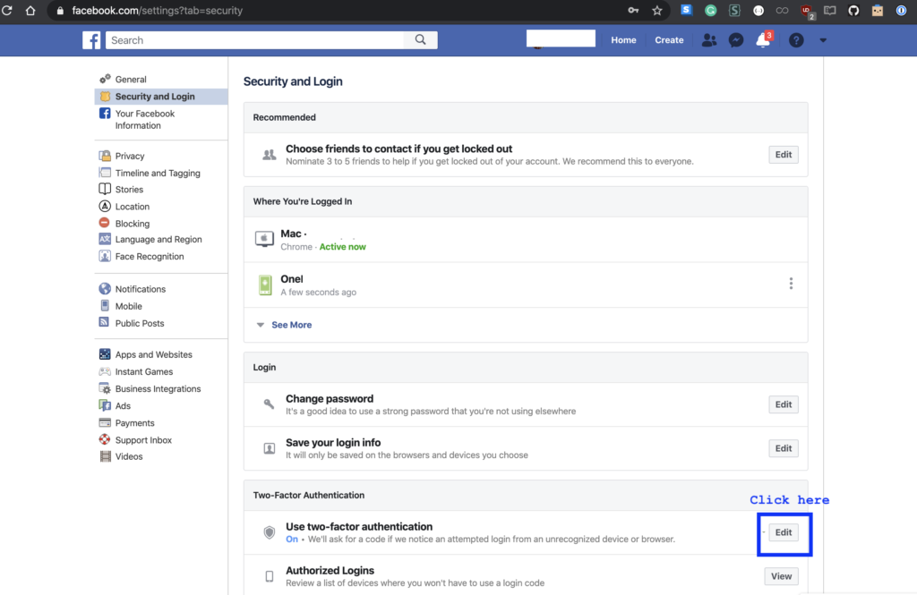 Facebook security setting