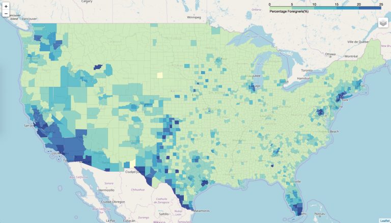 Choropleth: percentage of foreigners by US county